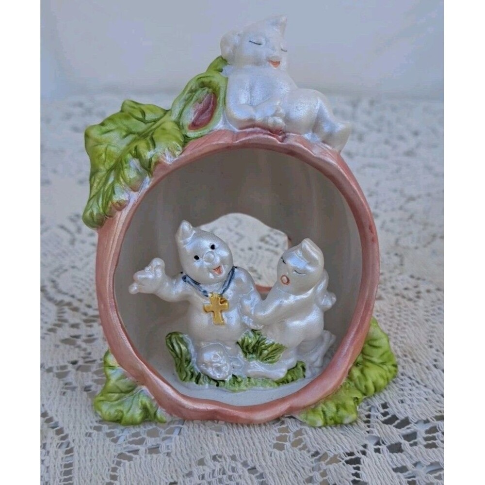 Vtg Y2K Ceramic Ghost Pumpkin Tea Light Candle Holder Halloween  Cross Priest